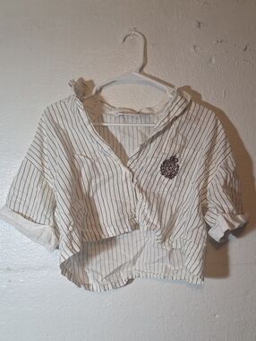 Striped Cropped Button-Up Shirt White with Brown Stripes Womens M Just Christina